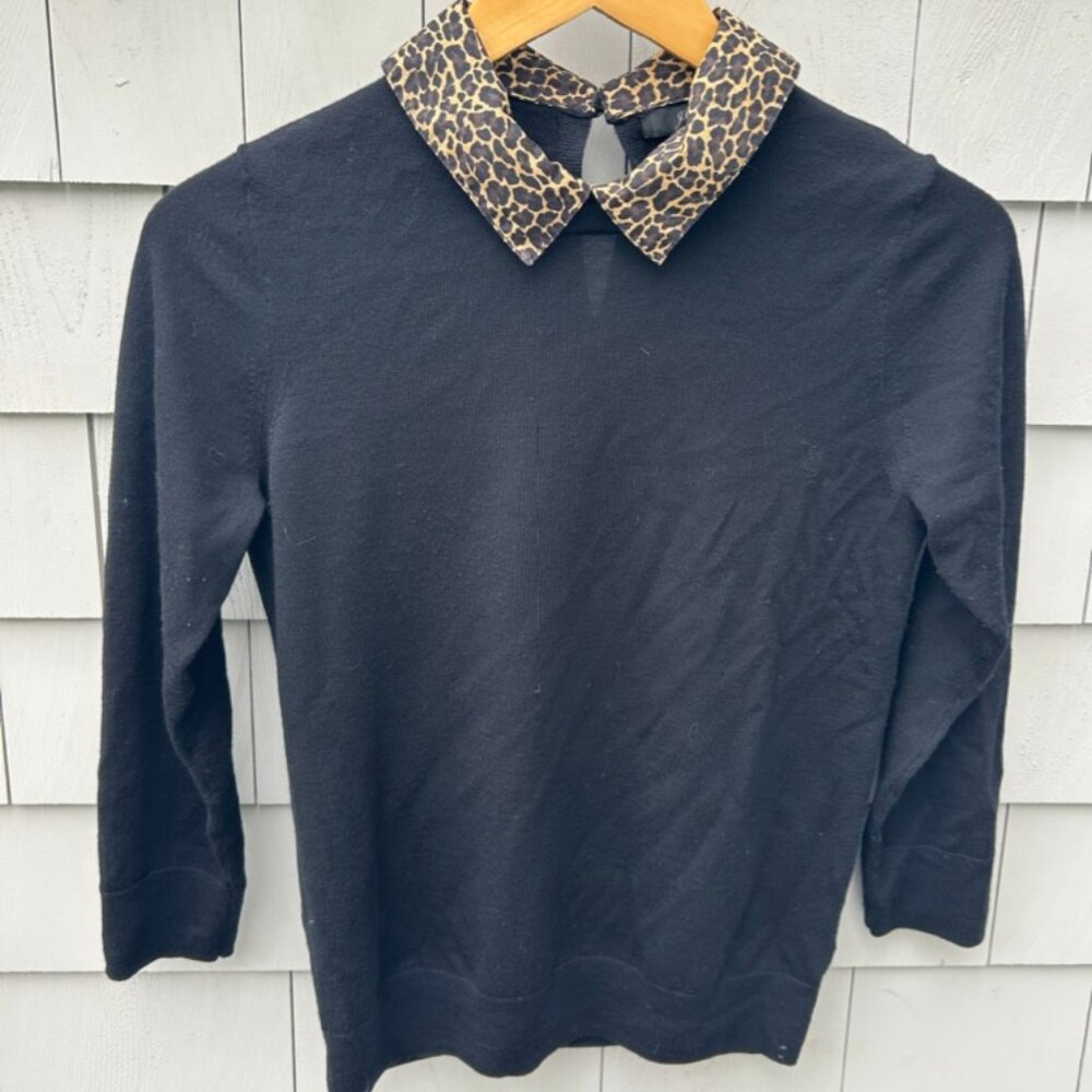 Women's J Crew Small Black Sweater with Leopard Print Collar